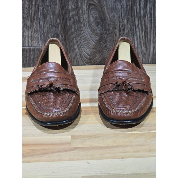 Bass Loafers Woven Leather Tassel Kiltie Slip On 9.5 Brown Dress Shoes Vintage - Picture 12 of 16